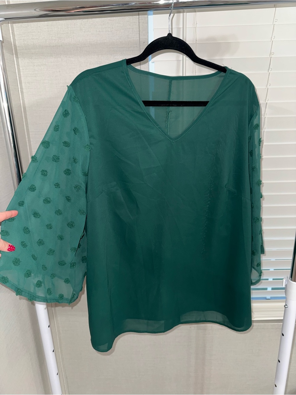SHEIN Emerald Green V-Neck Sheer Dot Sleeve Blouse